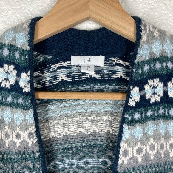 J. Jill Long Cardigan Fair Isle Patch Pocket Open Front Duster Small Petite Blue - Picture 13 of 16
